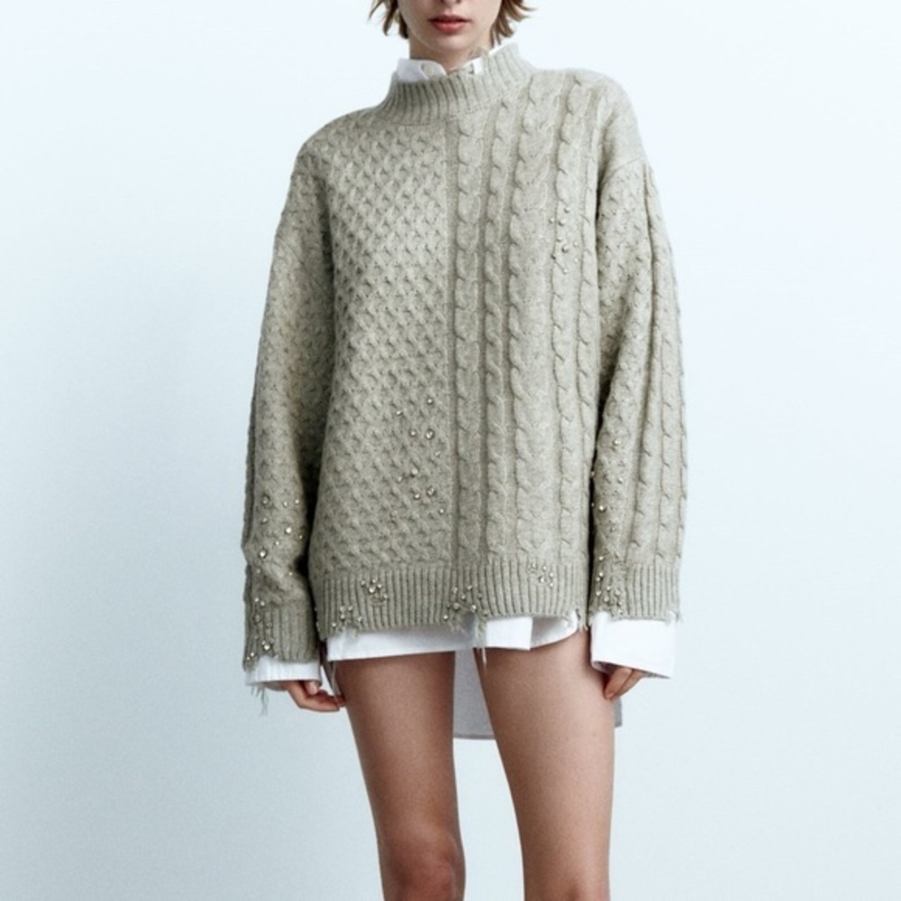 Zara High Neck Destroyed Crystal Studded Cable Knit Sweater In Gray Large Nwot